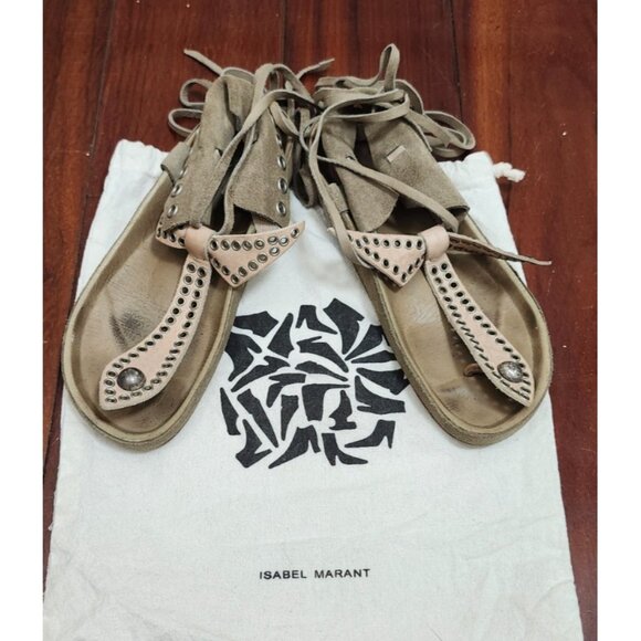 Isabel Marant Suede Studded LaceUp Sandals Women’s Sze 38 Leather Boho Gladiator - Picture 3 of 16